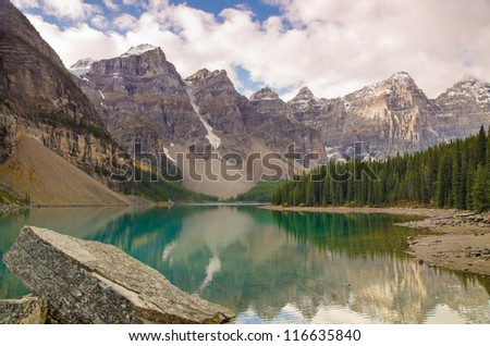 Beautiful Moraine Lake on a bright sunny day