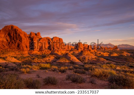 Sunset light hitting the beautiful Garden of Eden rock formations in Arches National Park