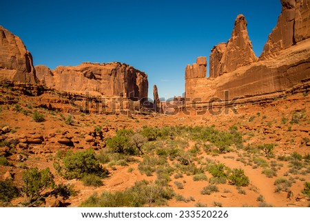 Park Avenue in Arches National Park on a blue sky day