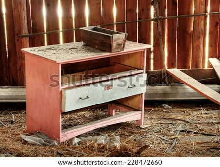 Urban exploration. Old drawer in abandoned farm\'s hay shed.