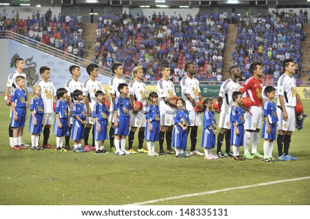 BANGKOK,THAILAND - JULY17: Player of Thailand in National Anthem during the international friendly match Chelsea FC and Singha Thailand All-Star at the Rajamangala Stadium on July17,2013 in Thailand.