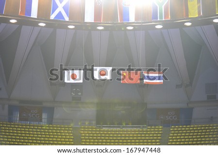 BANGKOK, THAILAND - NOV 03, 2013: National flag of Japan,China,Thailand after the final round SCG BWF World Junior Champions 2013 at Indoor Stadium Huamark on Nov 03, 2013 in Bangkok,Thailand.
