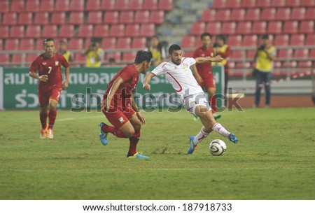 BANGKOK,MARCH 05:Hassan Maatouk(w) of Lebanon in action during AFC Australia 2015(Qualifiers) between Thailand and Lebanon at Rajamangala Stadium on March 05,2014 in Bangkok,Thailand.