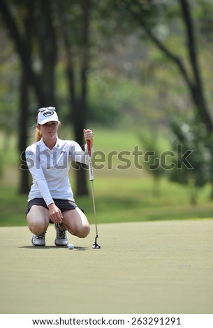 PATTAYA, THAILAND: Paula Creamer of USA watches lines up a shot during day one of the Honda LPGA Thailand 2015 at Siam Country Club, Pattaya on Feb 26,2015 in Thailand.