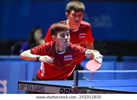 KALLANG,SINGAPORE-JUNE1:Padasak.T and Chanakran.U of Thailand in action during the 28th SEA Games Singapore 2015 between Thailand and Cambodia at Singapore Indoor Stadium on June1 2015 in SINGAPORE.