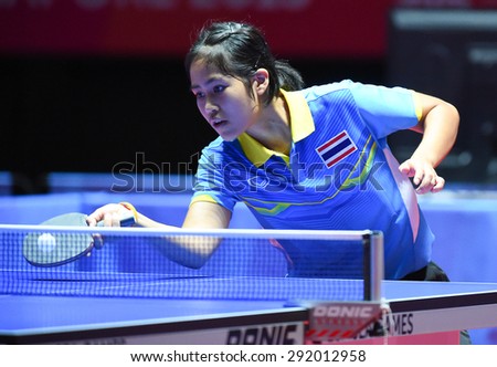 KALLANG,SINGAPORE-JUNE1:Suthasini.S of Thailand in action during the 28th SEA Games Singapore 2015 between Thailand and Indonesia at Singapore Indoor Stadium on June1 2015 in SINGAPORE.