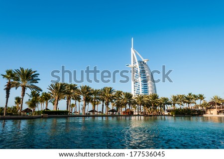 DUBAI, UNITED ARAB EMIRATES - December, 10 2013: A general view of the world\'s first seven stars luxury hotel Burj Al Arab \