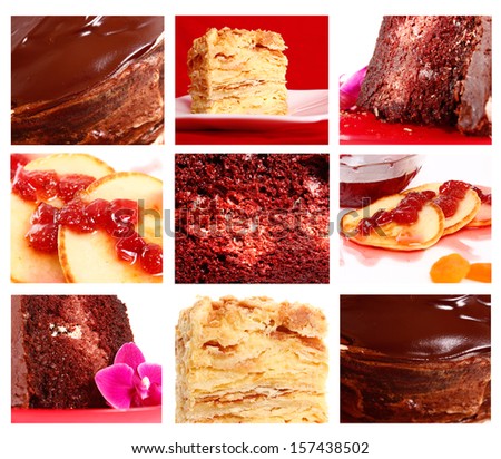 collage set of cakes. chocolate, napoleon, pancakes