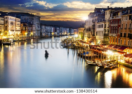 Famous Grand Canale From Rialto Bridge At Blue Hour, Venice, Italy