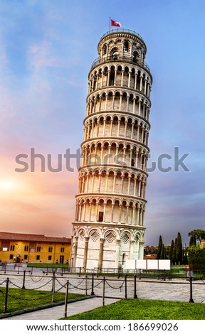 Pisa, place of miracles: the leaning tower and the cathedral baptistery, tuscany, Italy