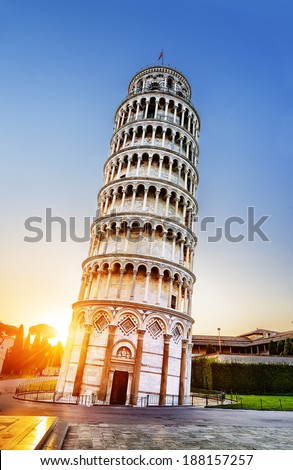 Pisa, place of miracles: the leaning tower and the cathedral baptistery, tuscany, Italy