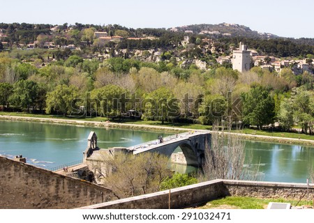 The view to the bridge from the castle in Avignon. The bridge without the end. The famous city with the bridge. South France. Europe