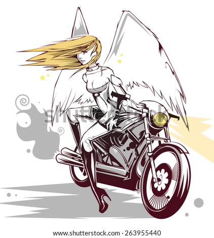 Beautiful girl on a motorcycle. Vector illustration. Blonde in a motorcycle suit.