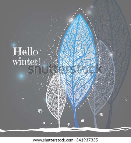 Trees in the form of leaves. Winter landscape. Winter postcard. Hello winter.