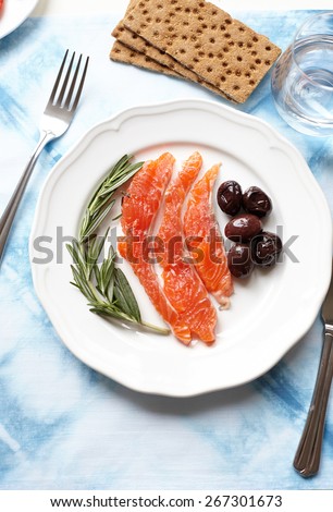 Plate on wooden tabletop with tablecloth close up
