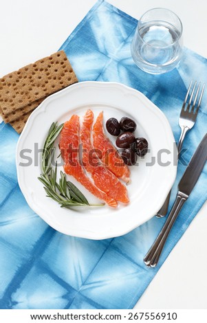 Empty plate on wooden tabletop with tablecloth close up
