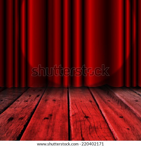 Red curtain on wood stage background