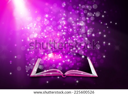 Magic purple book on abstract background