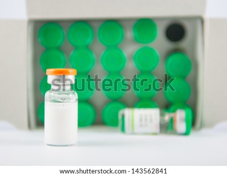 Injection vial on green vials background show medicine concept