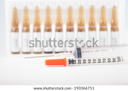 Injection ampule pack and disposable syringe show medicine concept