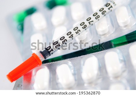 Disposable syringe on blister pack show medicine concept