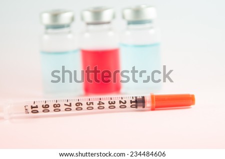 Injection syringe and vials show medicine concept