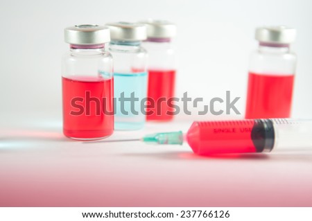 Red liquid in injection syringe and vials on red floor effect
