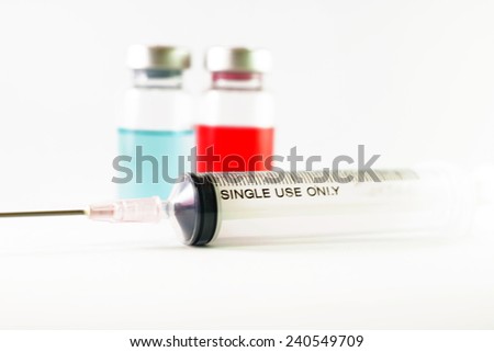 Disposable syringe and medicine ampule show pharmaceutical concept
