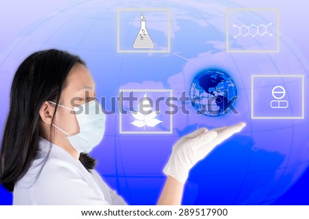 Technician hold and look glowing earth show medicine discover process