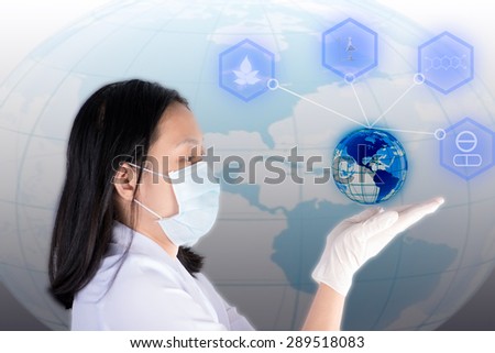 Technician hold and look glowing earth show medicine discover