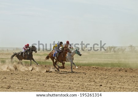SMALL CHAPURNIKI, VOLGOGRAD, RUSSIA - MAY 24:The fight for the leading position in the race horses during the horse races devoted to celebration of the Sabantuy . May 24, 2014 in Volgograd, Russia.