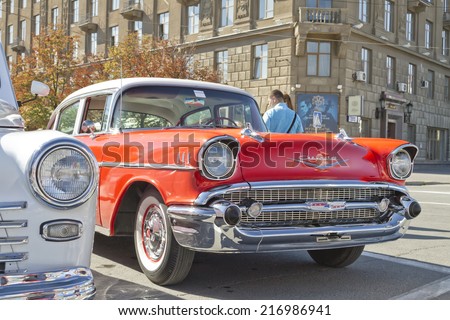 VOLGOGRAD - SEPTEMBER 6:Old red Chevrolet on exhibition of vintage cars in celebration of the 425th anniversary of the city . September 6, 2014 in Volgograd, Russia.