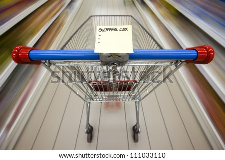 An empty shopping cart in motion in a supermarket - empty shopping list