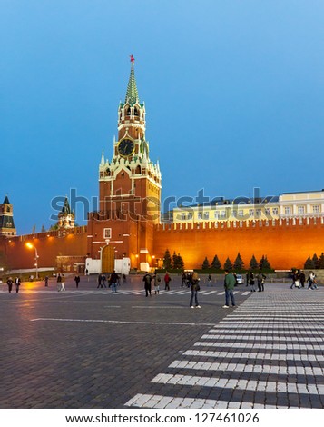 Evening, Spasskaya Tower of Kremlin, Moscow, Russia, crosswalk