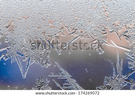 Macro Ice flowers. Frost flowers. Window frost. Winter in the window. Color gradient