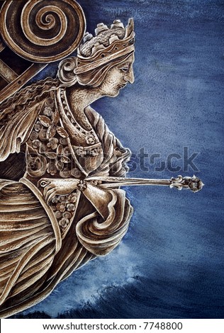 Photo of a mural showing the statue on the bow of an old sailing ship