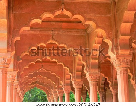 Symmetrical Muslim architecture of Diwan-E-Aam (hall for the general public) inside Red Fort, Delhi, India