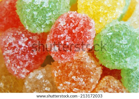 Ultra close-up of Jujups, Jujubes. Sugar covered, soft, succulent, colorful, sweet balls made of gelatin. A big hit with children of all ages.