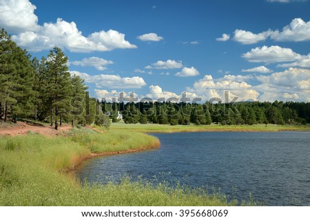 Panoramic, wide angle shot of tranquil Fool Hollow Lake, Arizona, USA with beautiful clouds in desert blue sky and lush green nature.