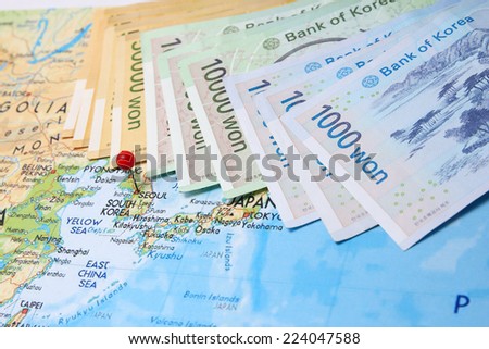 South Korean won currency on map