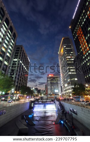SEOUL, KOREA - OCTOBER 21, 2014 : Cheonggyechon stream in the evening in Seoul city, Korea. This landmark is a frequently visited place in Seoul by both locals and tourists.