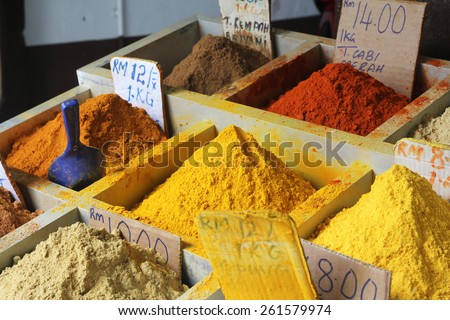 Assortment of colourful spice powder for sale along Gambier street in Kuching, Sarawak, Malaysia