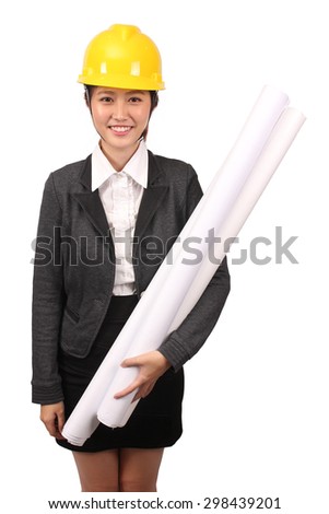 Asian woman in business engineering wear holding large rolls of drawings