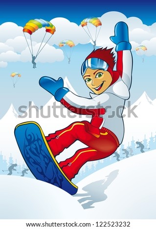Snowboarding. Illustration of man riding a snowboard in the mountains. A healthy lifestyle.