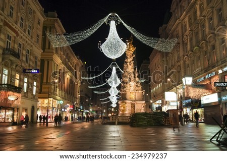 VIENNA, AUSTRIA - December 11, 2009: Vienna - famous Graben street at night with Christmas chandeliers in Vienna, Austria. on December 11, 2009