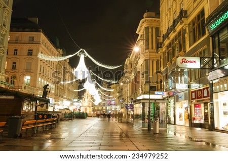 VIENNA, AUSTRIA - December 11, 2009: Vienna - famous Graben street at night with Christmas chandeliers in Vienna, Austria. on December 11, 2009
