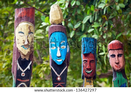 colorful totem representing the spirits which protect the moken (sea-gypsy) of the andaman sea, thailand, koh surin island.
