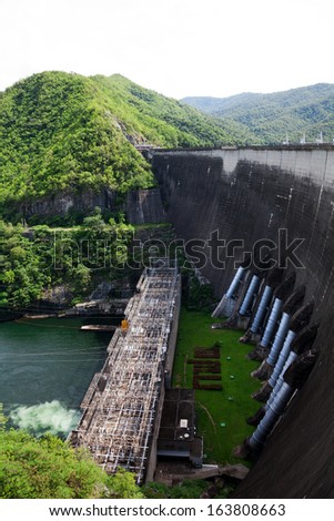 The power station at the Bhumibol Dam in Thailand. The dam is situated on the Ping River and has a capacity of 13,462,000,000 cubic