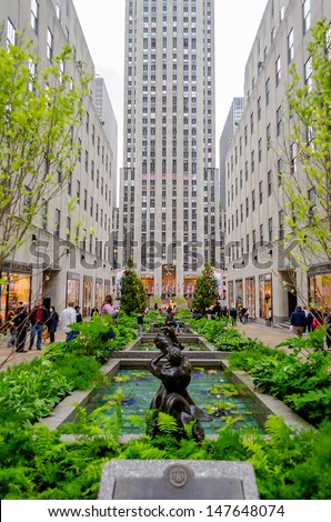 NEW YORK - CIRCA MAY 2013:  Rockefeller Center, NYC, circa May 2013. Rockefeller Center is a complex of 19 commercial buildings, built by the Rockefeller family, located in Midtown Manhattan.