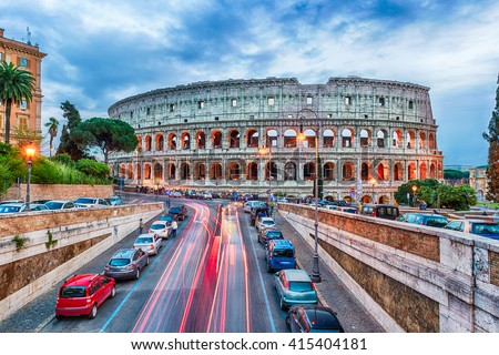 Aerial view over the Flavian Amphitheatre, aka Colosseum in Rome, Italy. Long exposure at dusk